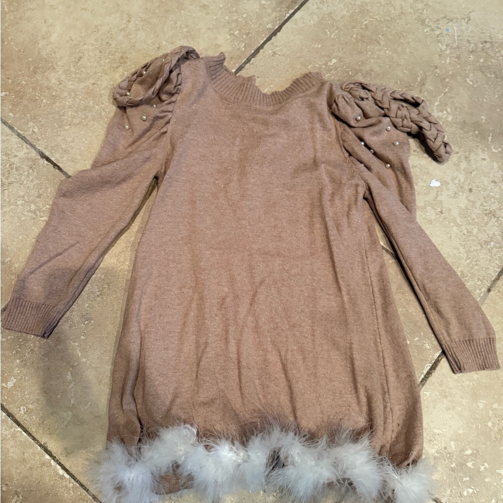 Chic Tan Kids Dress with Feather Hem